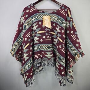 New The Rug Barn Multicolor Fringe Poncho Aztec Southwest Cowboy Tribal 47x47